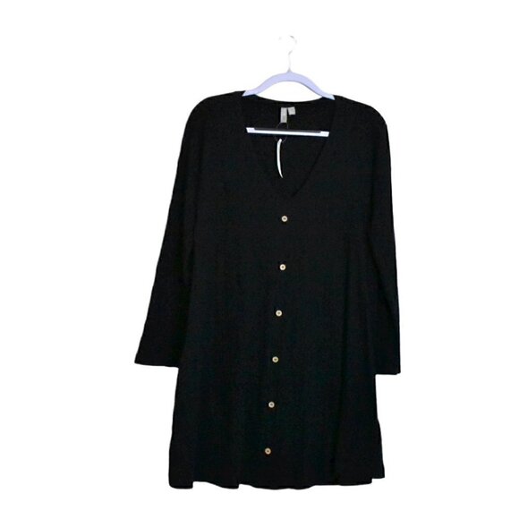 ASOS Long Sleeve V Neck Textured Smock Mini Dress Black Size 4 - Picture 1 of 11